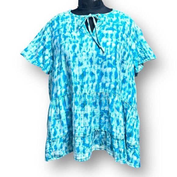 Terra & Sky Blue Tie Dye Tiered Peplum Blouse Tiered Cotton Boho Cottagecore 3X - Picture 6 of 7
